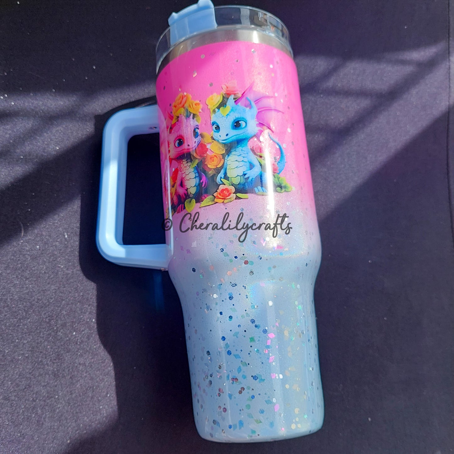 40 oz Pink/Blue Floral Dragons Tumbler