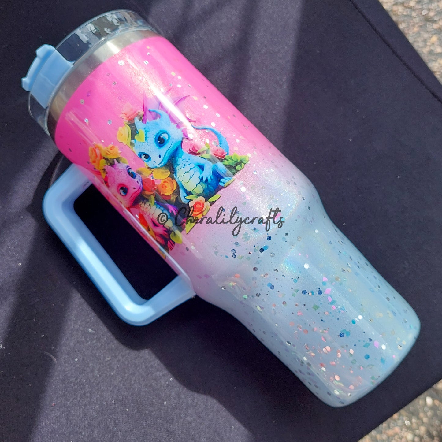 40 oz Pink/Blue Floral Dragons Tumbler