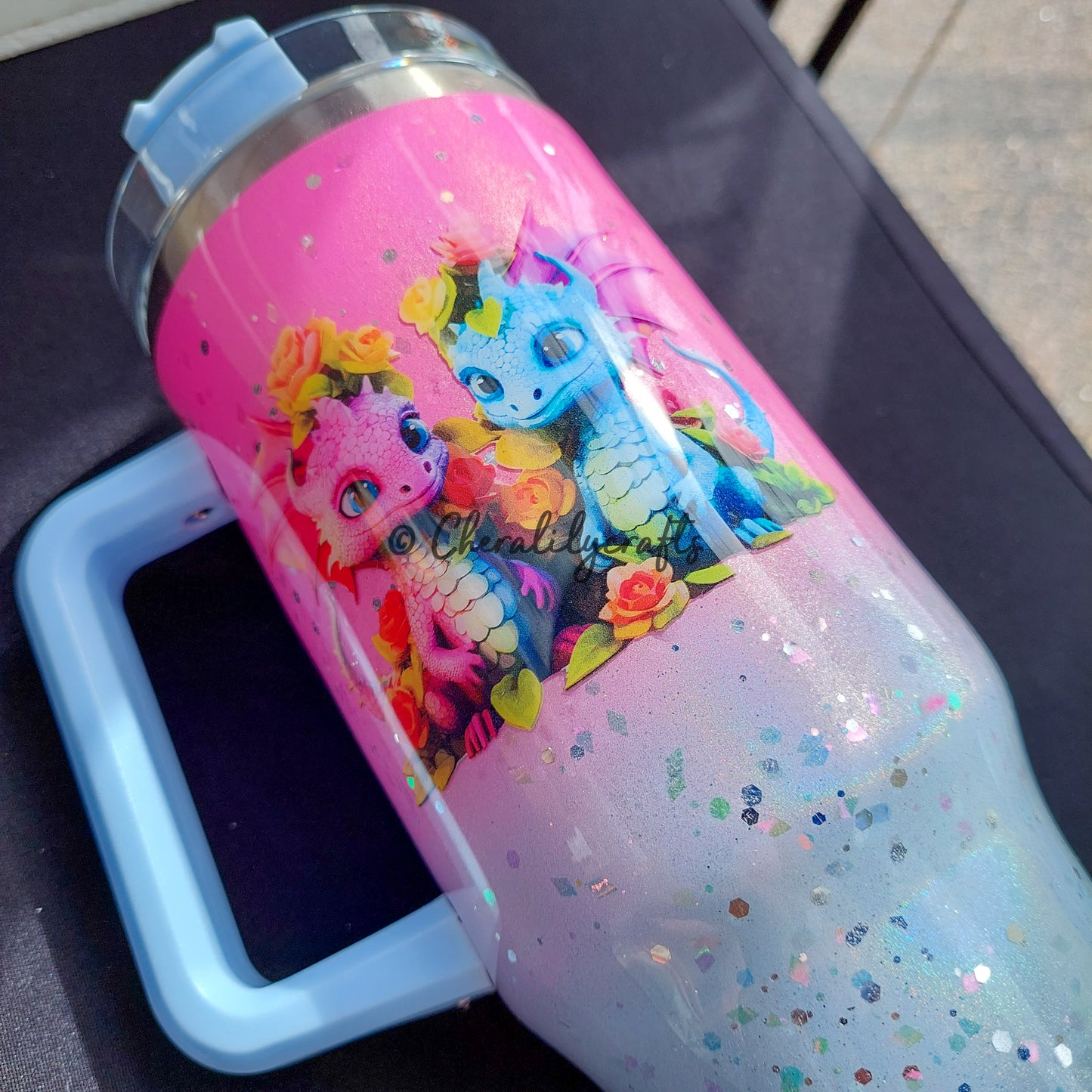 40 oz Pink/Blue Floral Dragons Tumbler