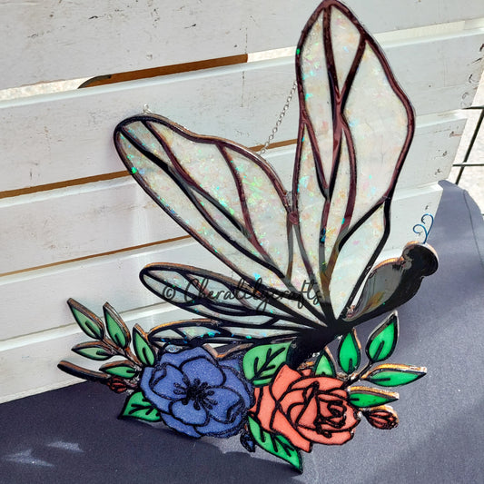 Floral Dragonfly Wood/Resin Suncatcher w/ Metal Antennae