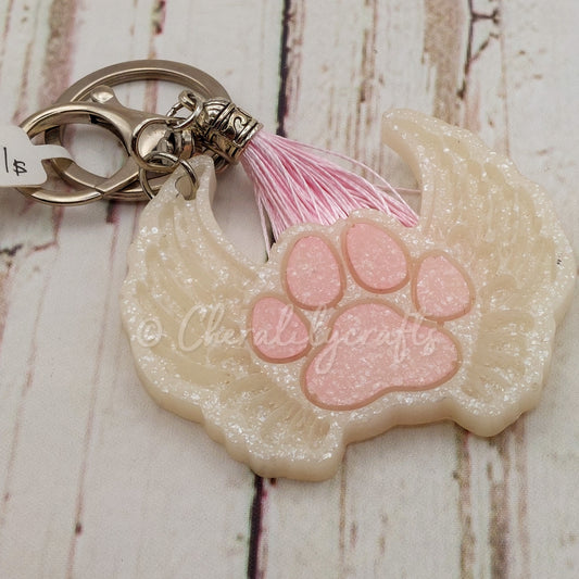 White & Pink Paw Wings Keychain