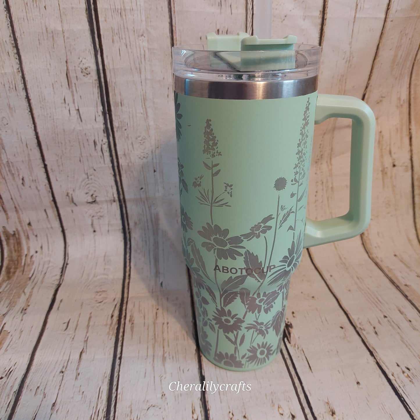 40 oz Green Floral Laser Engraved Tumbler