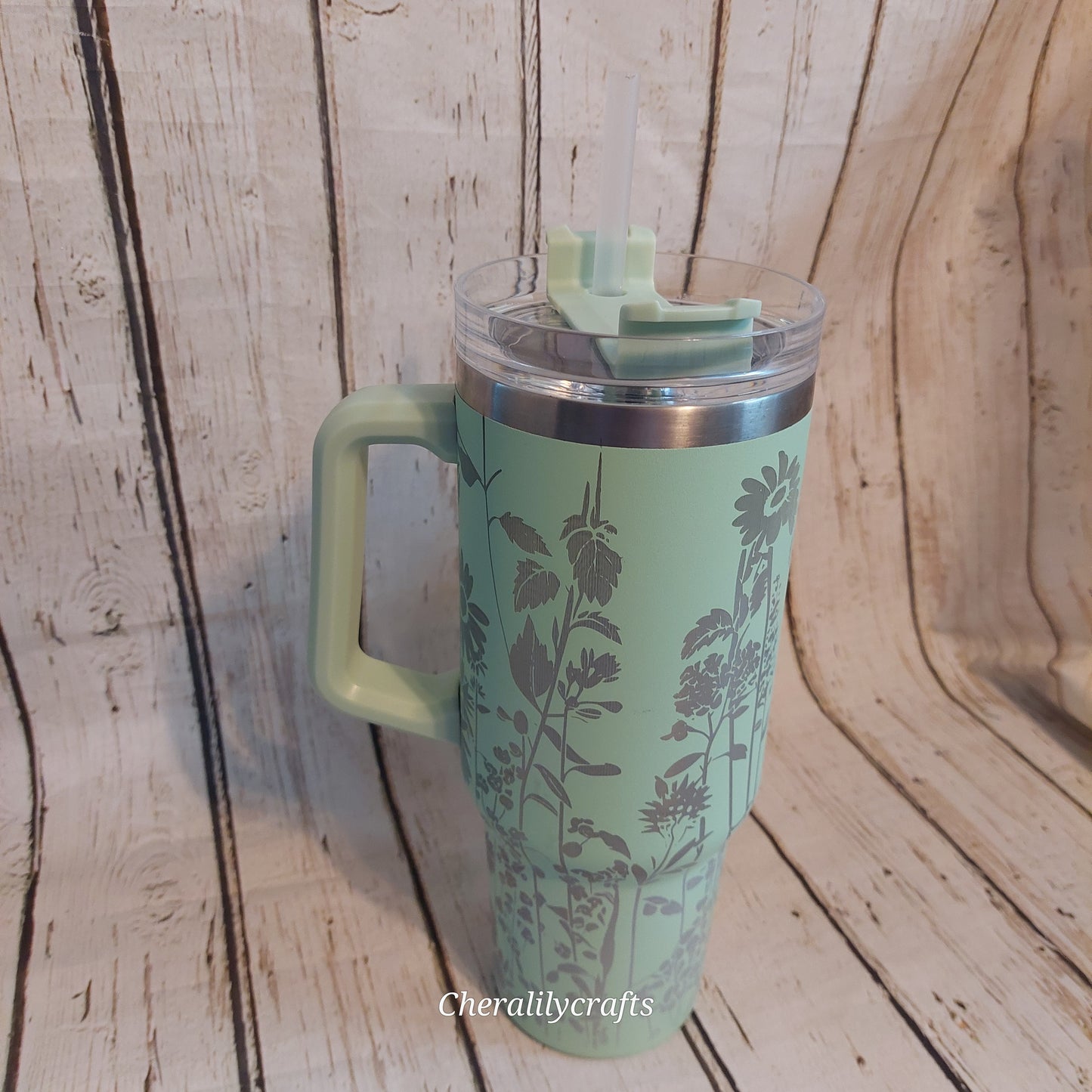 40 oz Green Floral Laser Engraved Tumbler