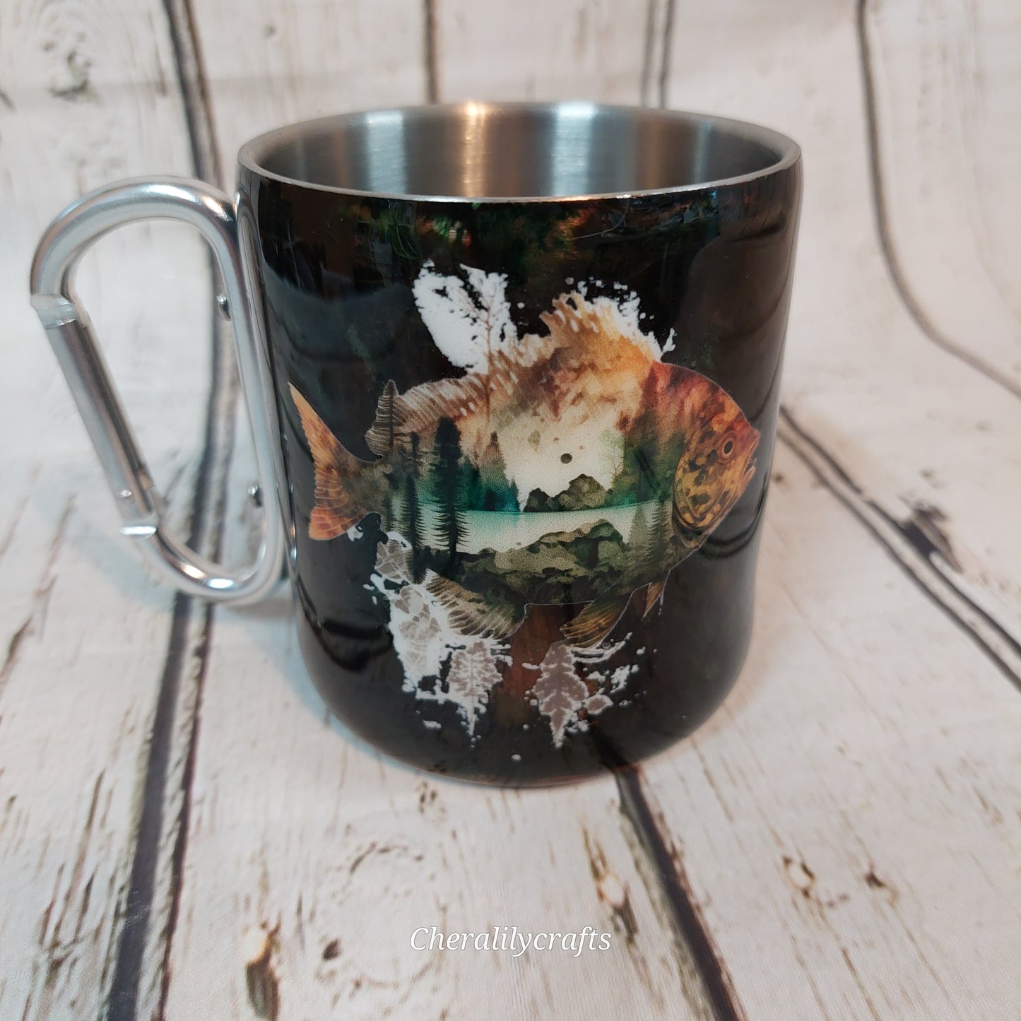 Camo Carabiner Mug W/ fish outdoor scene decal