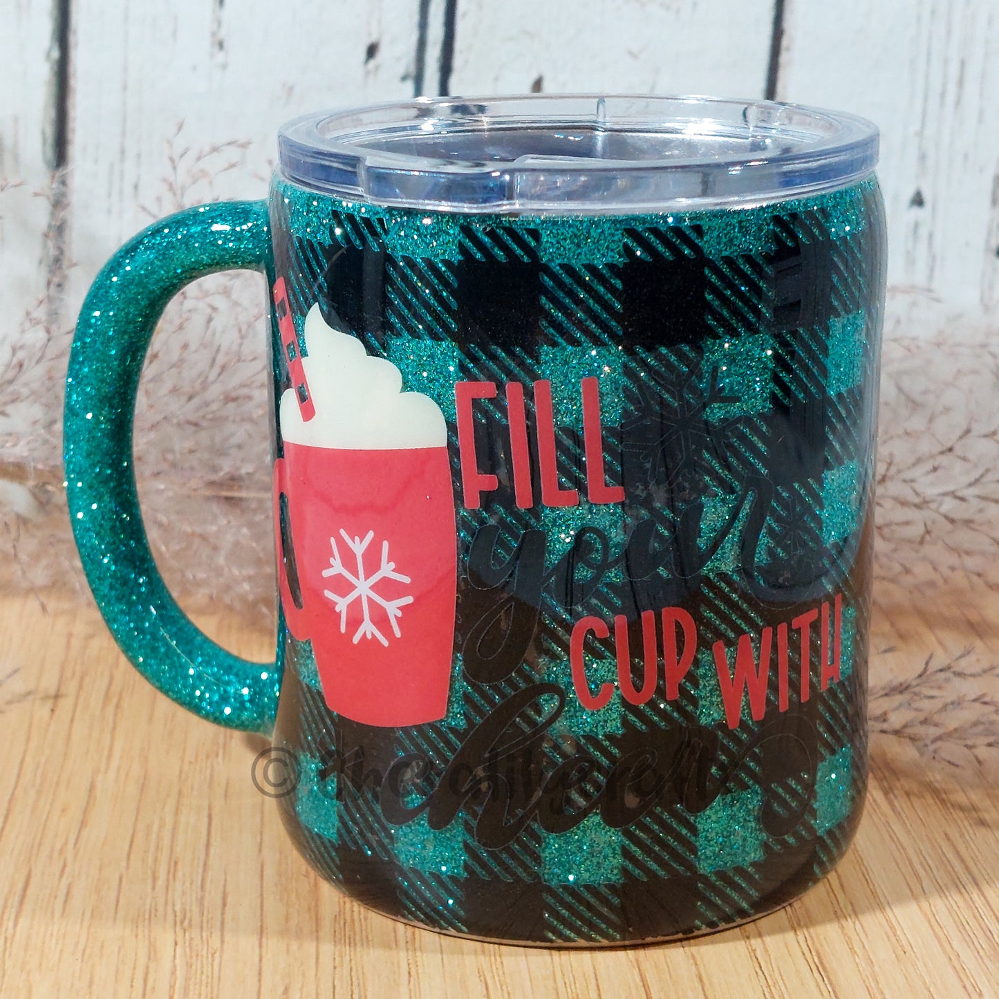 12oz Teal Plaid Mug- Fill your Cup with Cheer