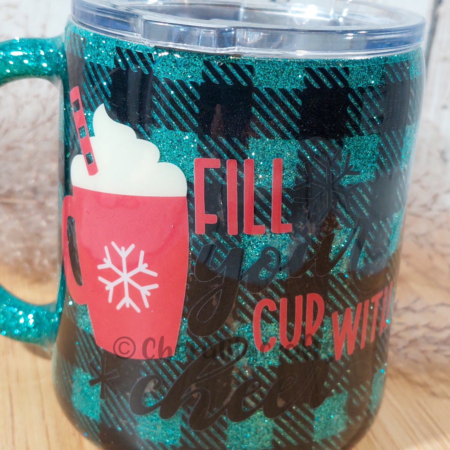 12oz Teal Plaid Mug- Fill your Cup with Cheer