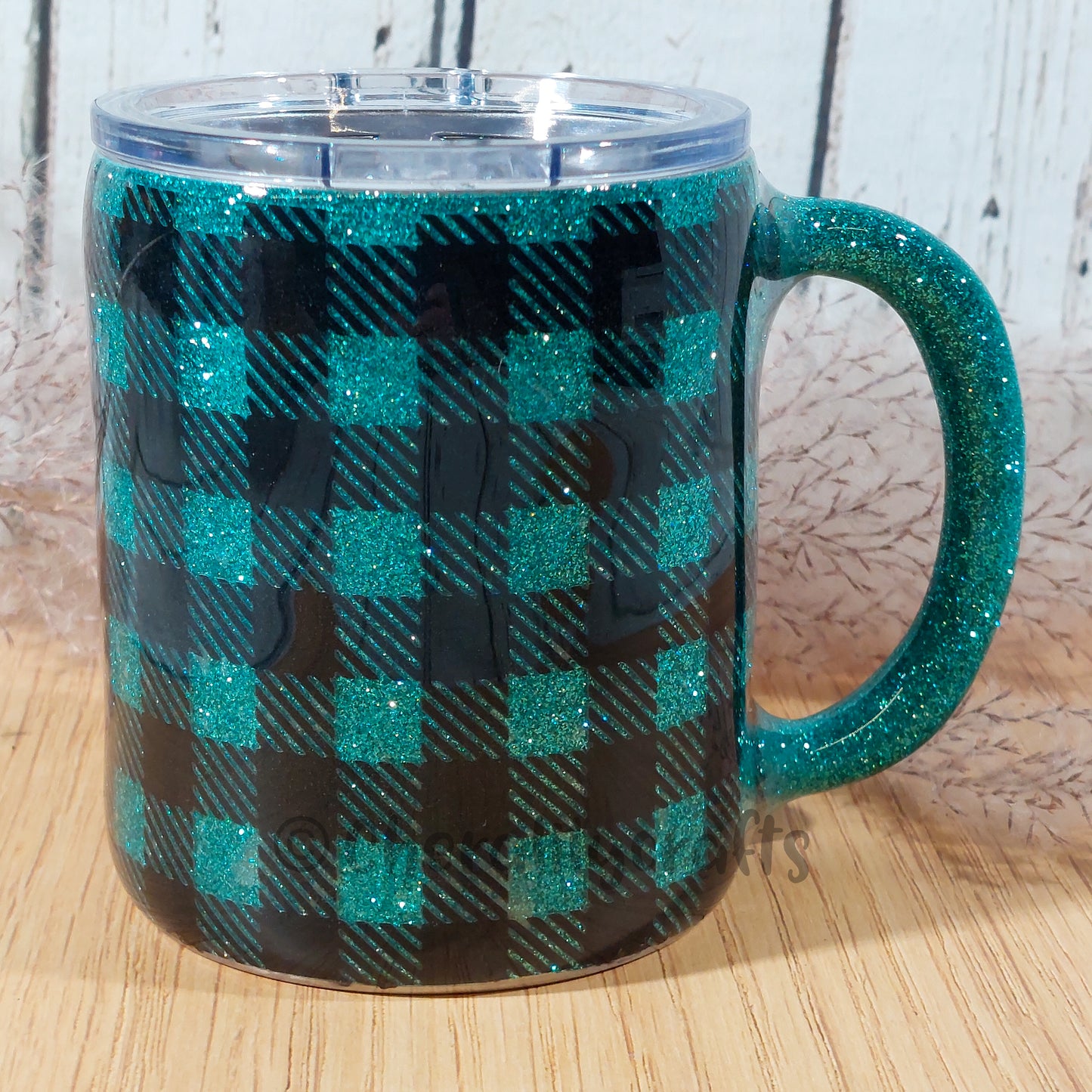 12oz Teal Plaid Mug- Fill your Cup with Cheer