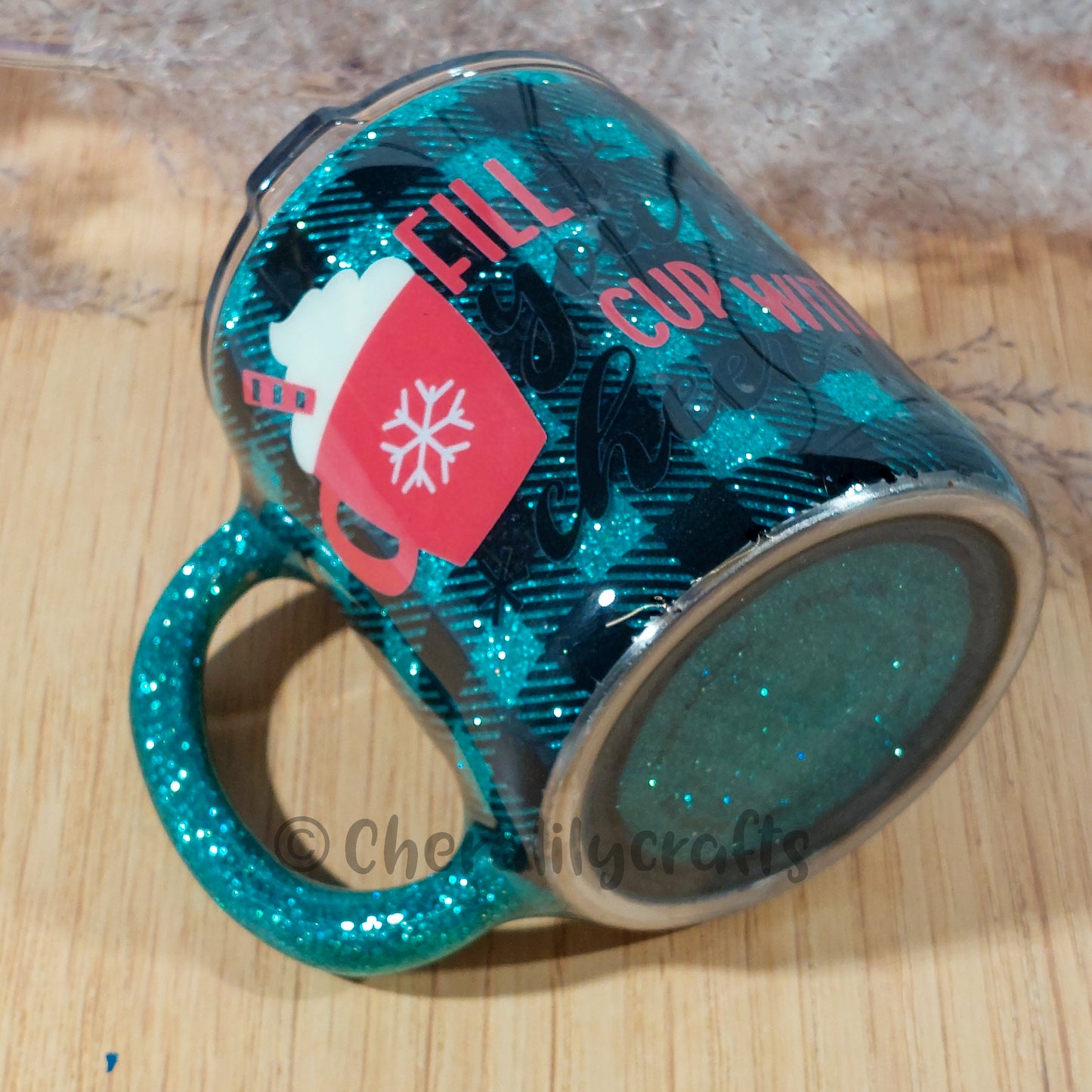 12oz Teal Plaid Mug- Fill your Cup with Cheer