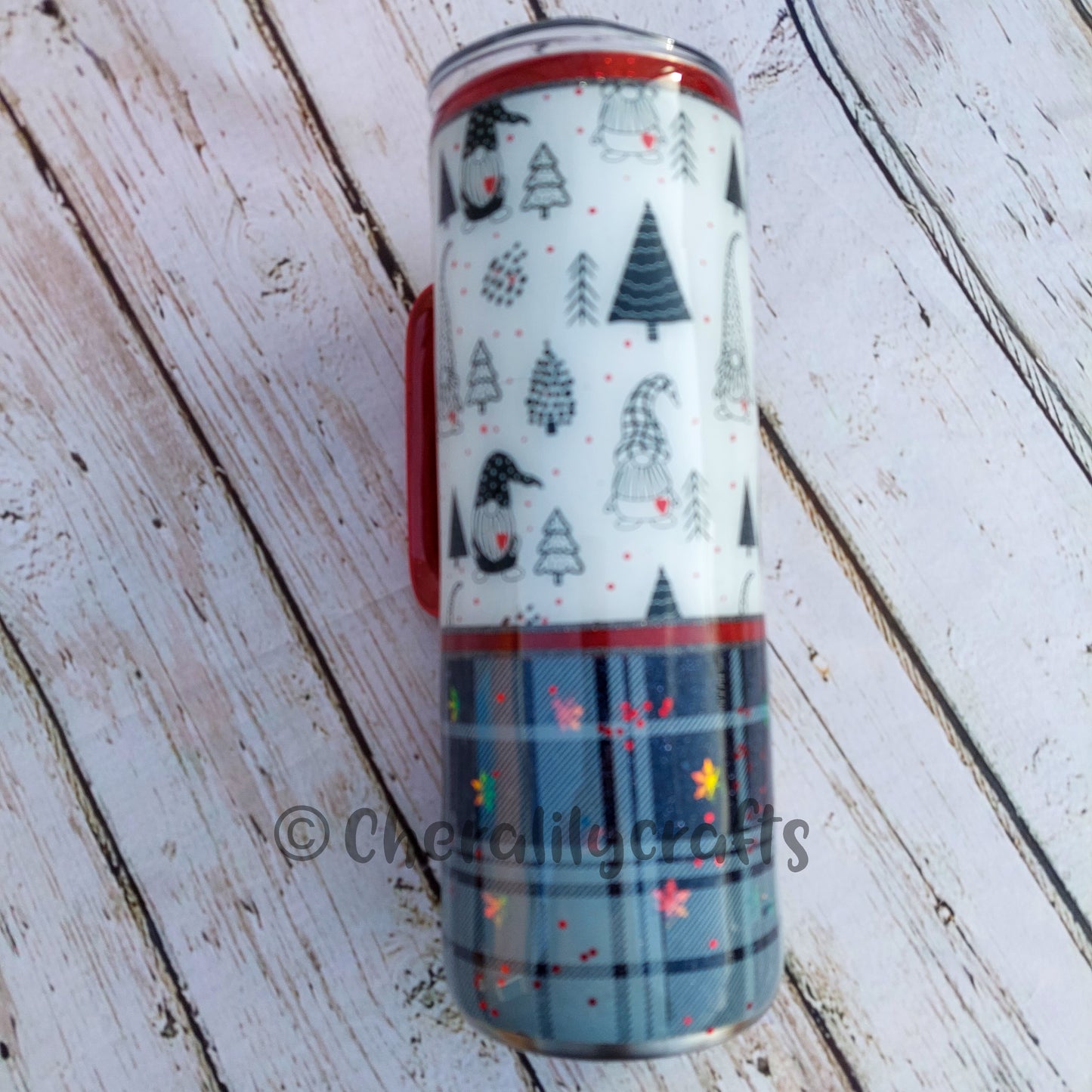 20 oz Skinny Handled Plaid/Tree Gnome Split Tumbler