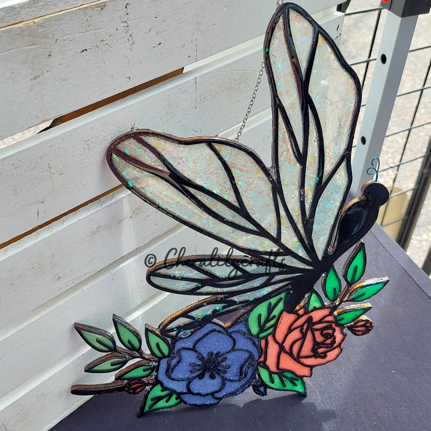 Floral Dragonfly Wood/Resin Suncatcher w/ Metal Antennae