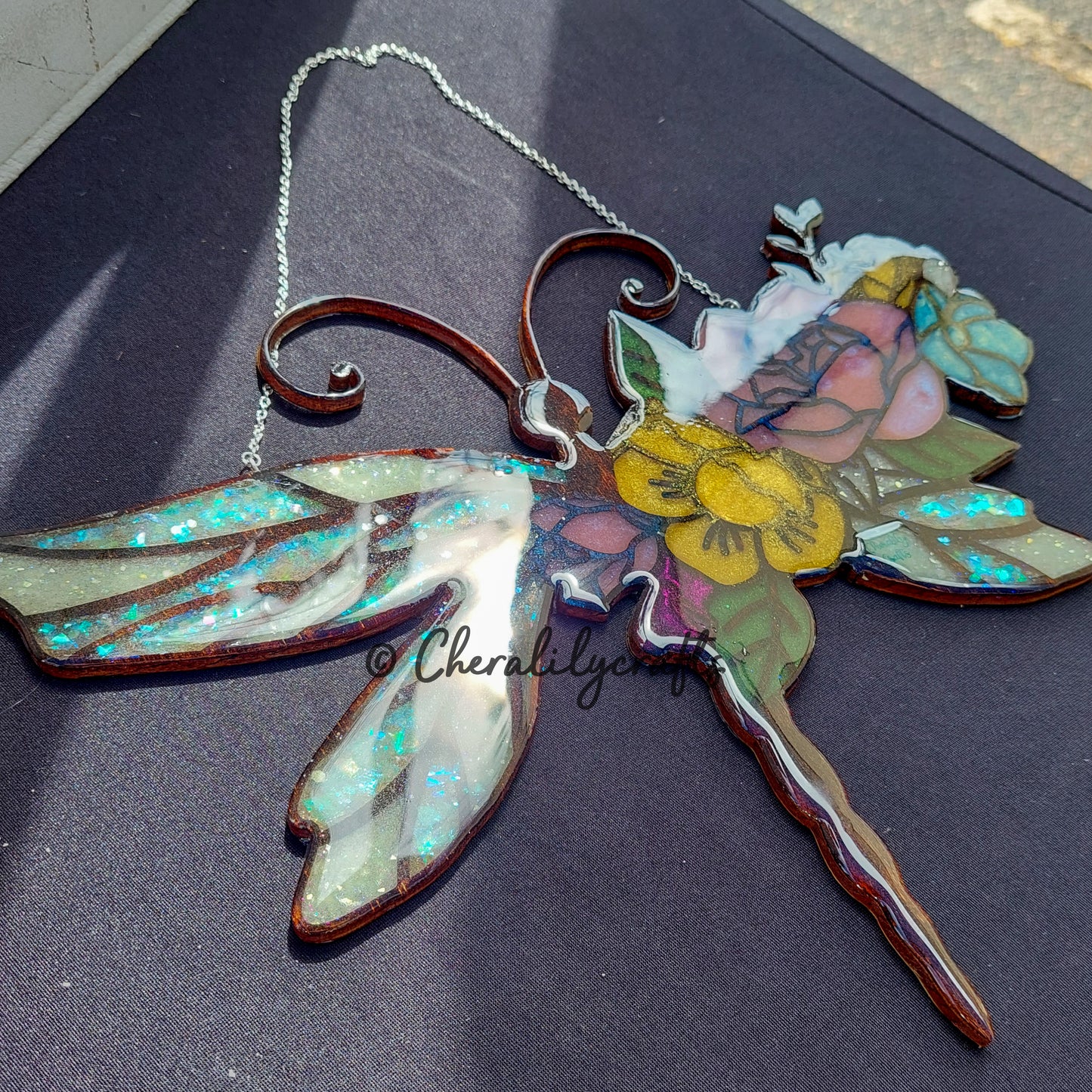 Floral Dragonfly Wood/Resin Suncatcher