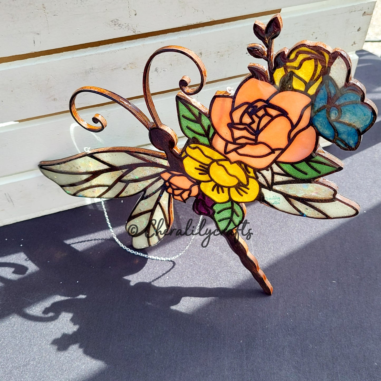 Floral Dragonfly Wood/Resin Suncatcher