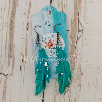 Teal Feather Epoxy Earrings