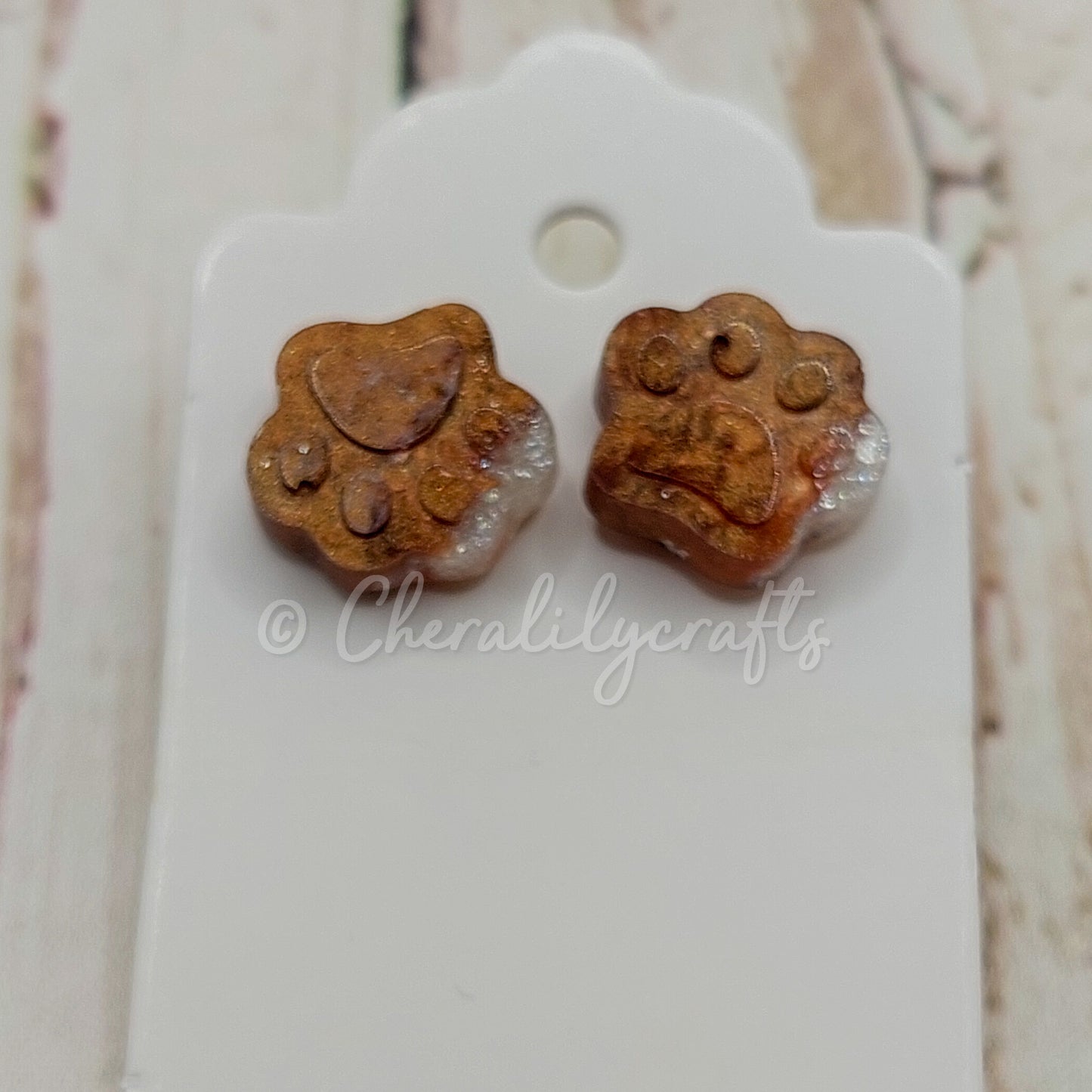 Brown/White Paw Stud Earrings