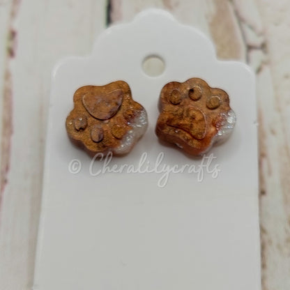 Brown/White Paw Stud Earrings