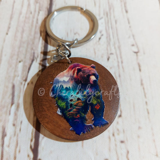 Round Wood Bear Keychain