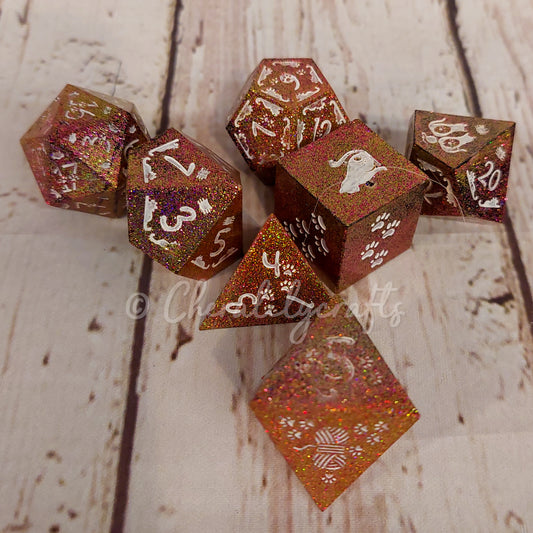 7 Piece Polyhedral Dice Set- Cat themed 'dots' Orange Glitter