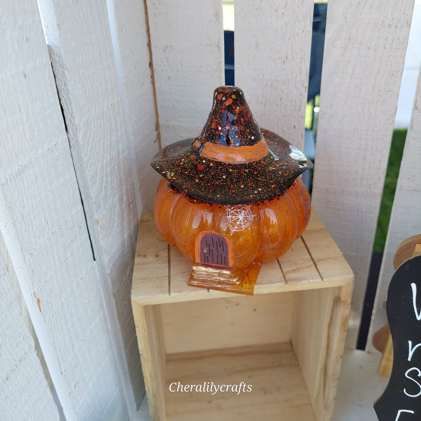 Glittery Pumpkin House w/ Witch Hat