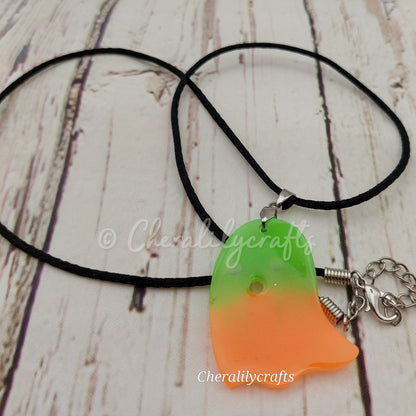 GLOWING Green/Orange Ghost Epoxy Necklace