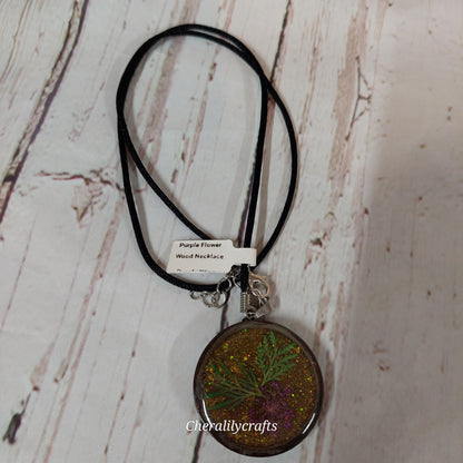 Purple Flower Wood Necklace