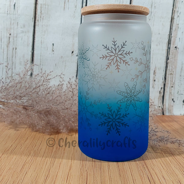 16 oz Snowflake Blue Gradient Glass Can Tumbler