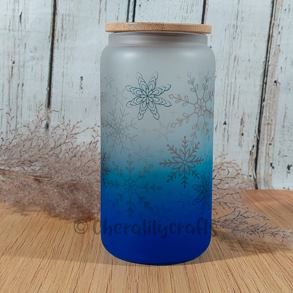 16 oz Snowflake Blue Gradient Glass Can Tumbler