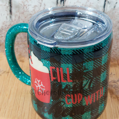 12oz Teal Plaid Mug- Fill your Cup with Cheer
