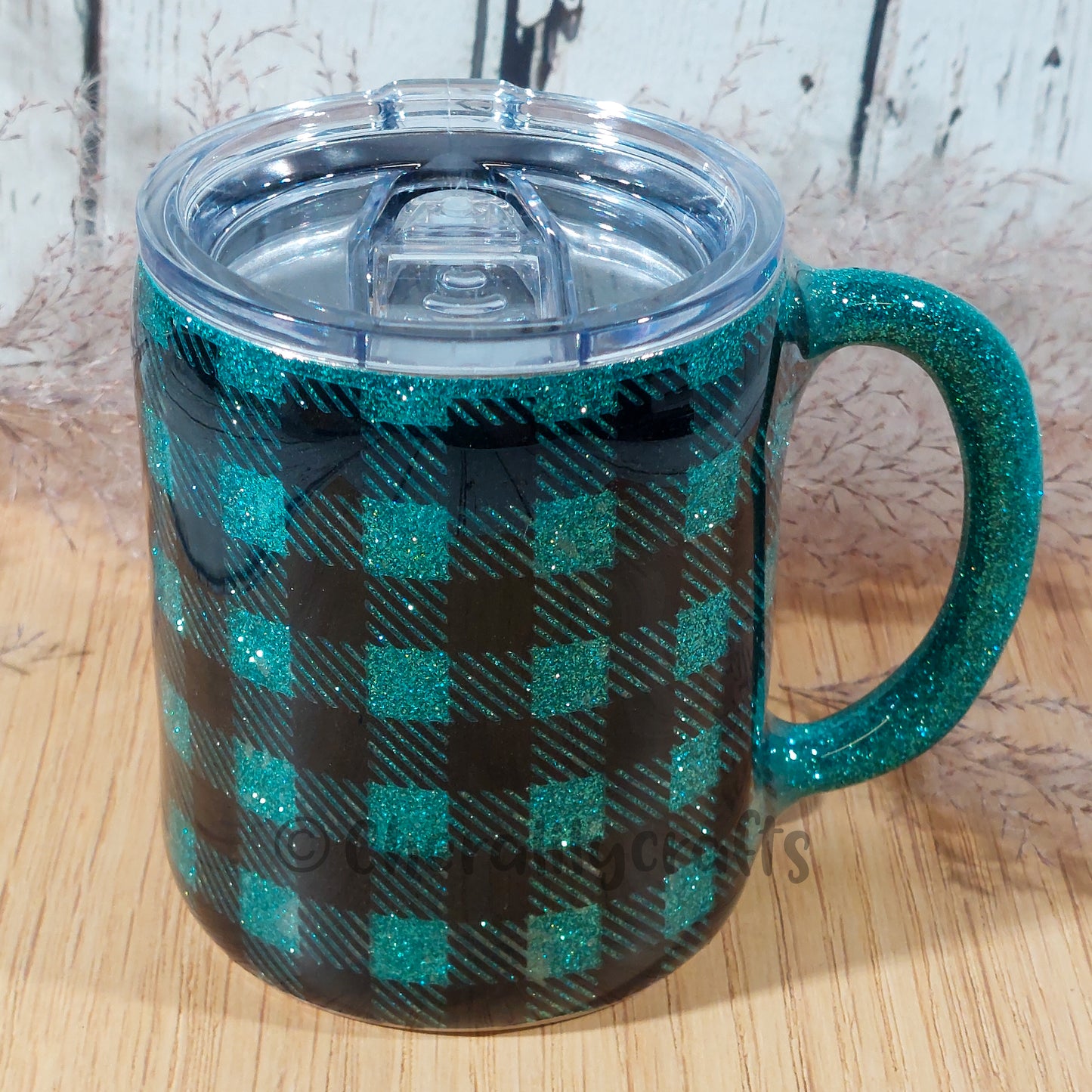 12oz Teal Plaid Mug- Fill your Cup with Cheer