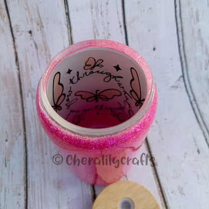 16 oz Pink Butterfly Glittered Glass Can Tumbler